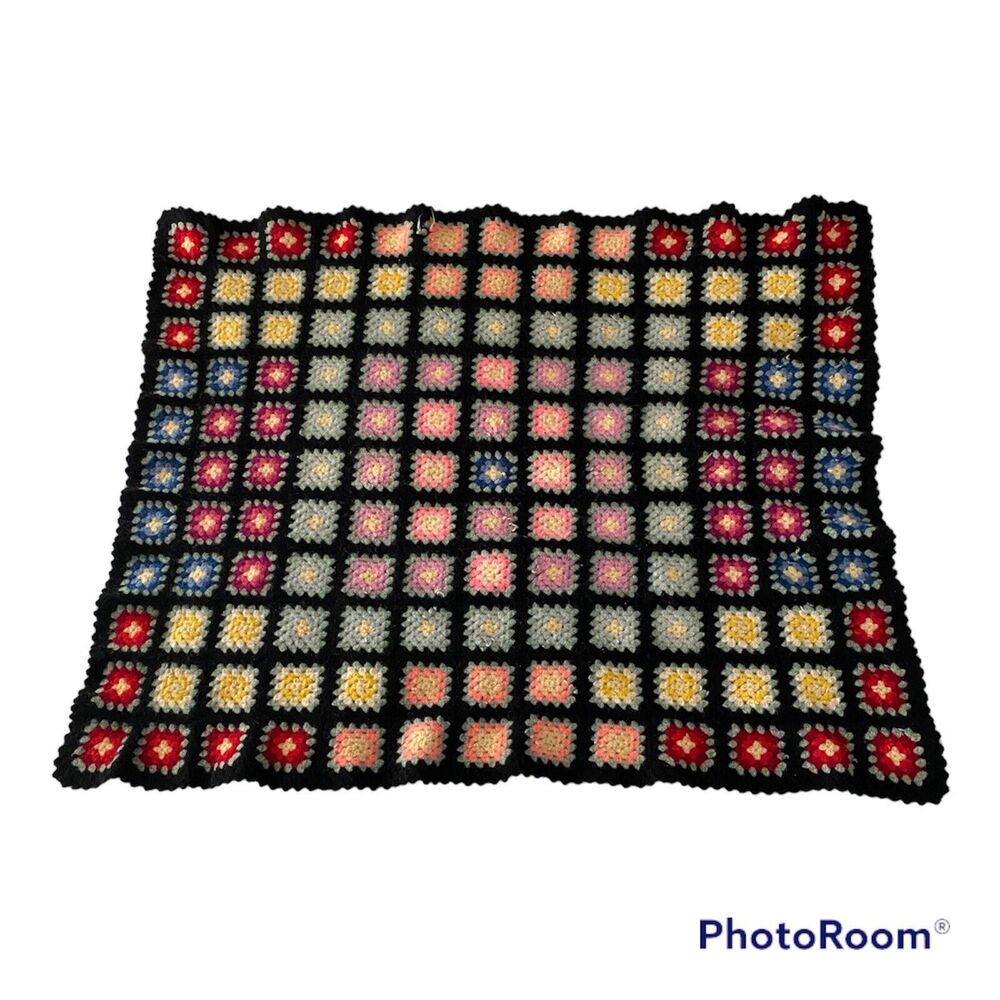 Vintage Black Handmade Granny Square Crochet Afghan Blanket Throw Lap Baby 41x46